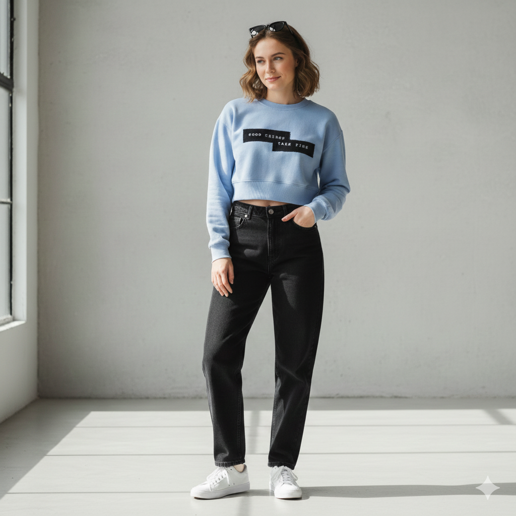 A lady wearing a light blue sweatshirt on black denim