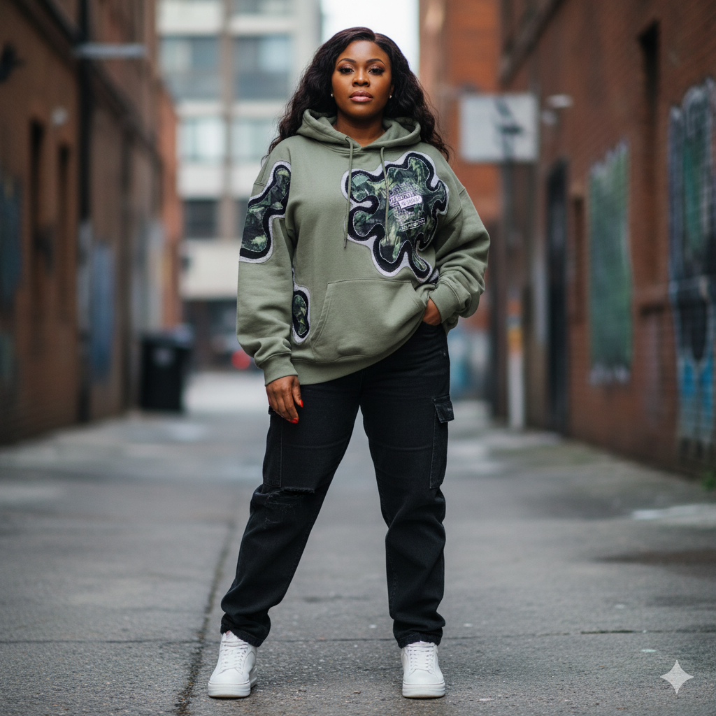 A woman wearing an olive green hoodie with abstract green and black on grey designs in an urban alleyway. Upcycled by Vivifica