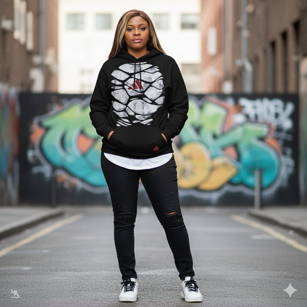 Woman wearing a black hoodie with a graphic design in an urban setting with graffiti.