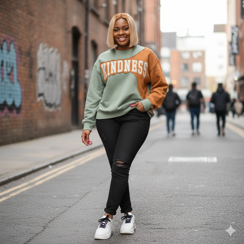 A person wearing a Lime and Tangerine reworked sweatshirt. The word “Kindness” flows across the seam between both tones, One -of-one Upcycled