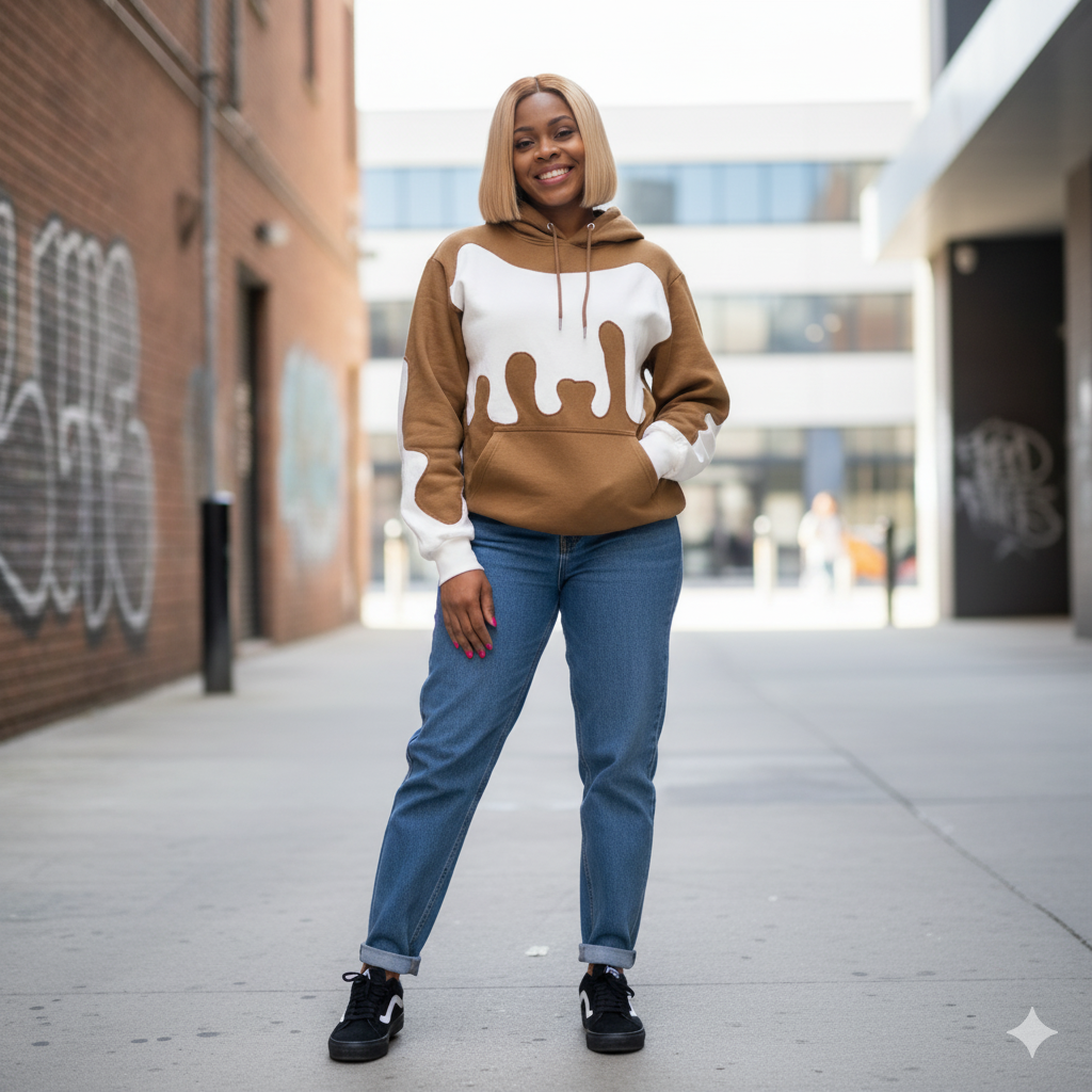 A person wearing a deep chocolate upper and base that drip into a creamy off-white center, creating mirrored ripples that meet in the middle. On-of-one, Upcycled hoodie
