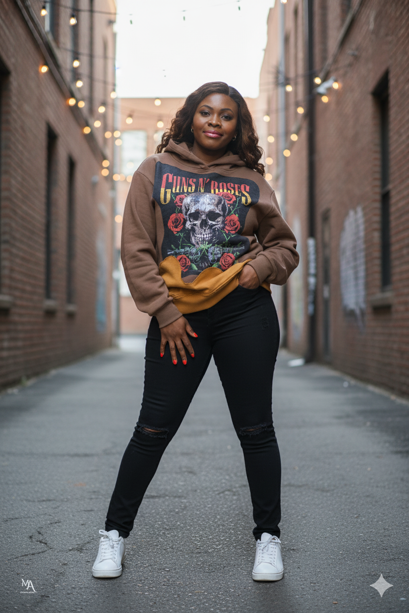 A Person wearing a A one-of-one upcycled hoodie crafted from reclaimed fabrics. Featuring rich cocoa tones with a tan drip panel and a bold vintage-style graphic.