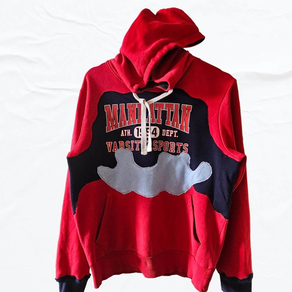 Upcycled Hoodie, Red hoodie with  navy blue 'Manhattan' text on a sea blue patch work 